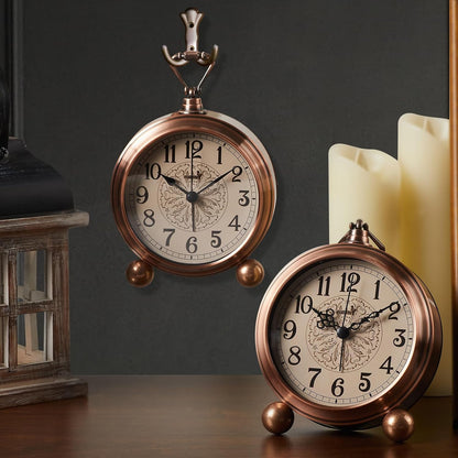 FLOITTUY 4.5" Battery Operated Antique Retro Analog Metal Alarm Clock, Silent Bedside Desk Clock, Wall-Hanging Vintage Clock(Exquisite Bronze)