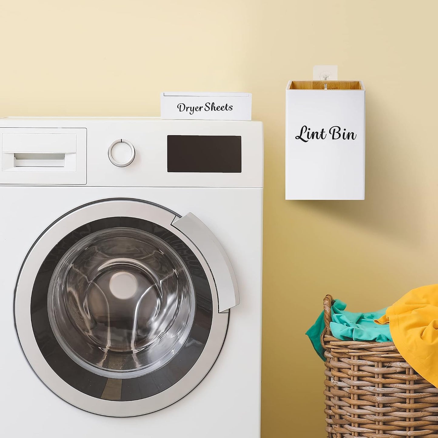 FJO 2 Pack Magnetic Lint Bin 10’’ x 7’’ and Dryer Sheet Holder 8’’ x 5’’ | Wall Mounted Bamboo Wood Trash Can Compact Size Laundry Room Accessories Supplies
