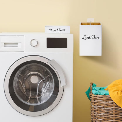 FJO 2 Pack Magnetic Lint Bin 10’’ x 7’’ and Dryer Sheet Holder 8’’ x 5’’ | Wall Mounted Bamboo Wood Trash Can Compact Size Laundry Room Accessories Supplies