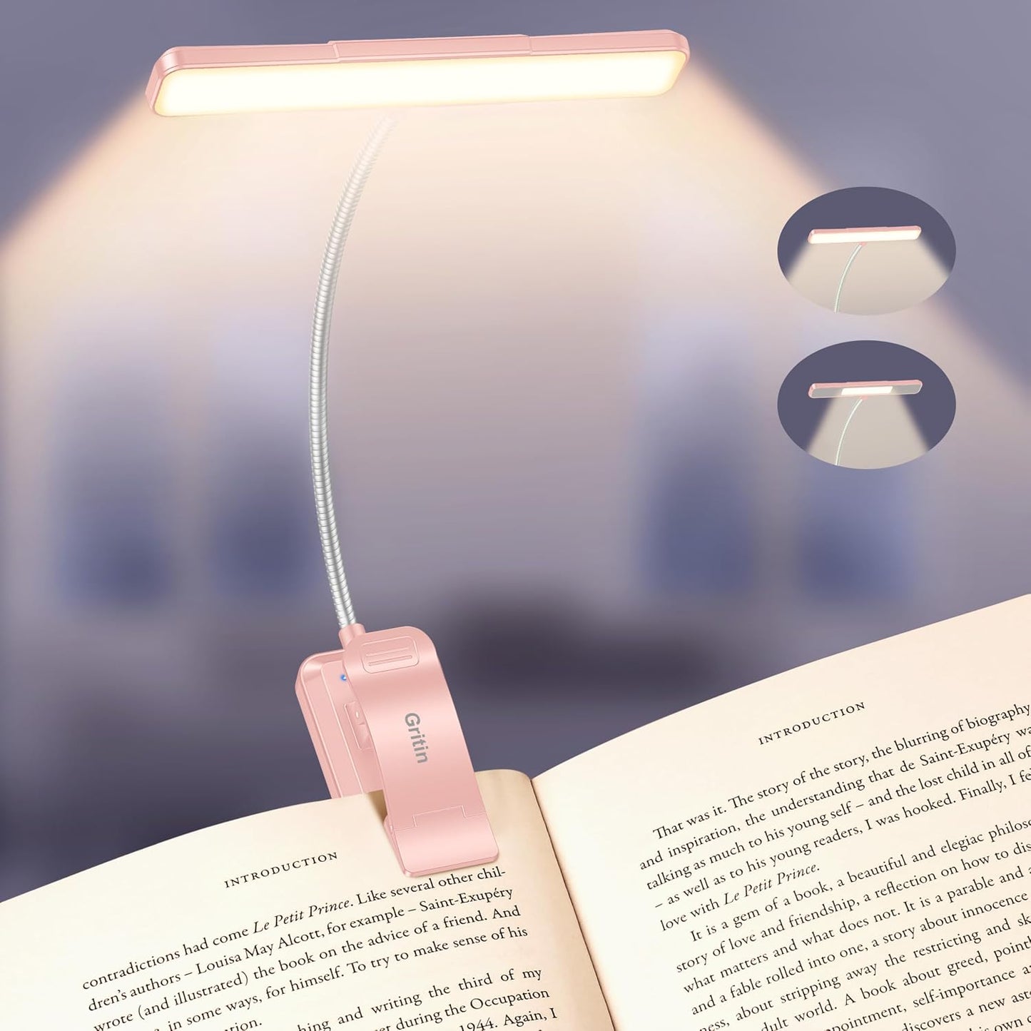 Gritin 2026 Gen 2 Book Light for Reading- 32 Eye Caring Full Spectrum LED | 5 Colors & 5 Brightness, Adjustable Wide/Narrow Beam, Upgrade 1500mAh Long-Lasting Rechargeable Clip on Light for Book Lovers