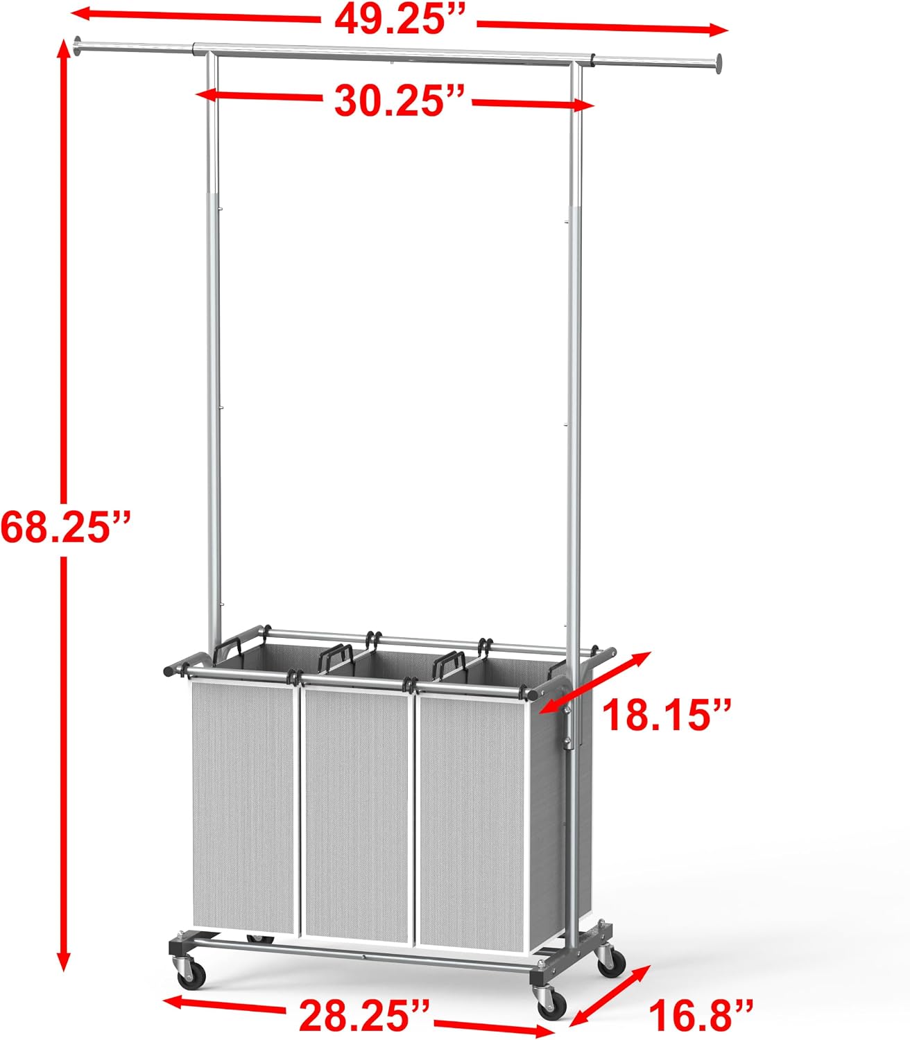 Simple Houseware Laundry Sorter Cart with Hanging Rod, Silver | Extendable Width from 30.25 to 49.25", Removable 3-Section Laundry Basket