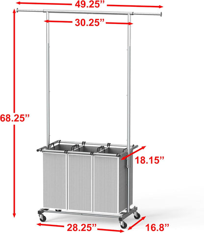 Simple Houseware Laundry Sorter Cart with Hanging Rod, Silver | Extendable Width from 30.25 to 49.25", Removable 3-Section Laundry Basket