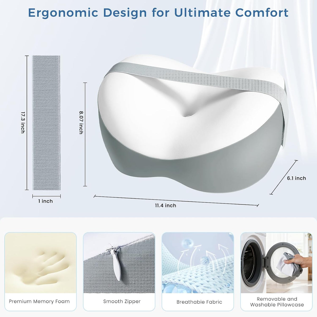 Knee Pillow for Side Sleepers, Leg Pillow with Adjustable Hook & Loop Strap & Removable Washable Cover for Spine Alignment, Sciatica, Hip & Back Pain Relief