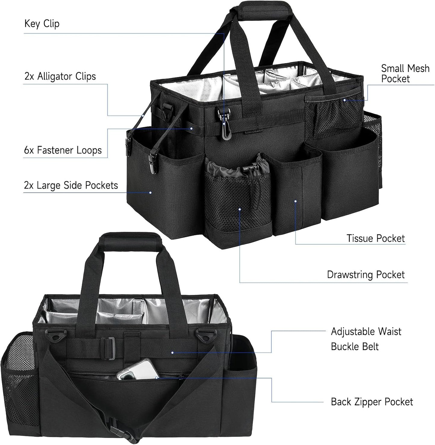 Cleaning Caddy Bag, Extra Large Cleaning Supply Bag for Housekeepers,Black | Sturdy Cleaning Caddy Organizer for Cleaning Supplies with Handle and Adjustable Shouder Strap, Easy to Clean Design