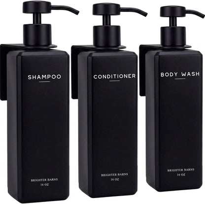 Luxury Shampoo and Conditioner Dispenser Set Wall Mounted by Brighter Barns - Refillable Shower Dispenser with Stainless Steel Pumps - Shampoo Bottles 3 Chamber No Drill for Airbnb, Spa, Hotel (White)