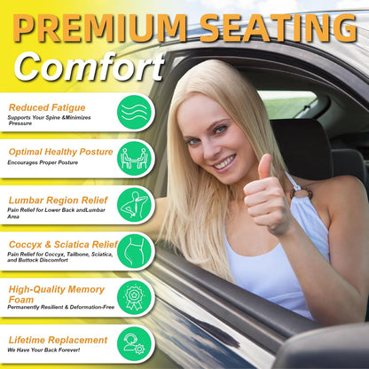 kingphenix Car Seat Cushion with Back Support Pillow, Memory Foam, Black | Memory Foam Car Cushion for Long Driving, Truck, Office Chair, Tailbone and Lower Back Support