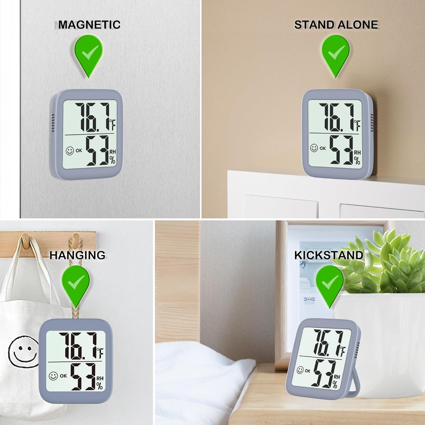 2 Pack Room Thermometer Indoor Hygrometer | Monitor Temperature & Humidity, Accurate, Fast Read, Easy To View, Magnetic/Kickstand/Hanging, ℉/℃, w/ Battery, Compact