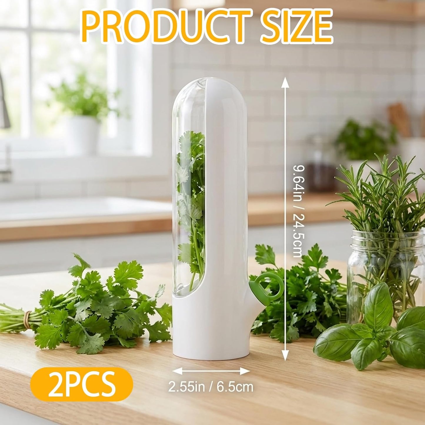 2Pcs Cilantro Container for Fridge, Transparent Herbs Saver fits Fridge Asparagus Parsley Mint Leaves, Keeps Greens Vegetables for 2-3 Weeks
