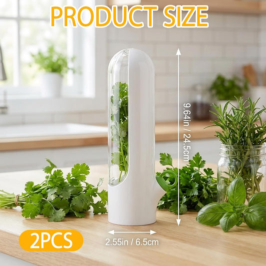 2Pcs Cilantro Container for Fridge, Transparent Herbs Saver fits Fridge Asparagus Parsley Mint Leaves, Keeps Greens Vegetables for 2-3 Weeks