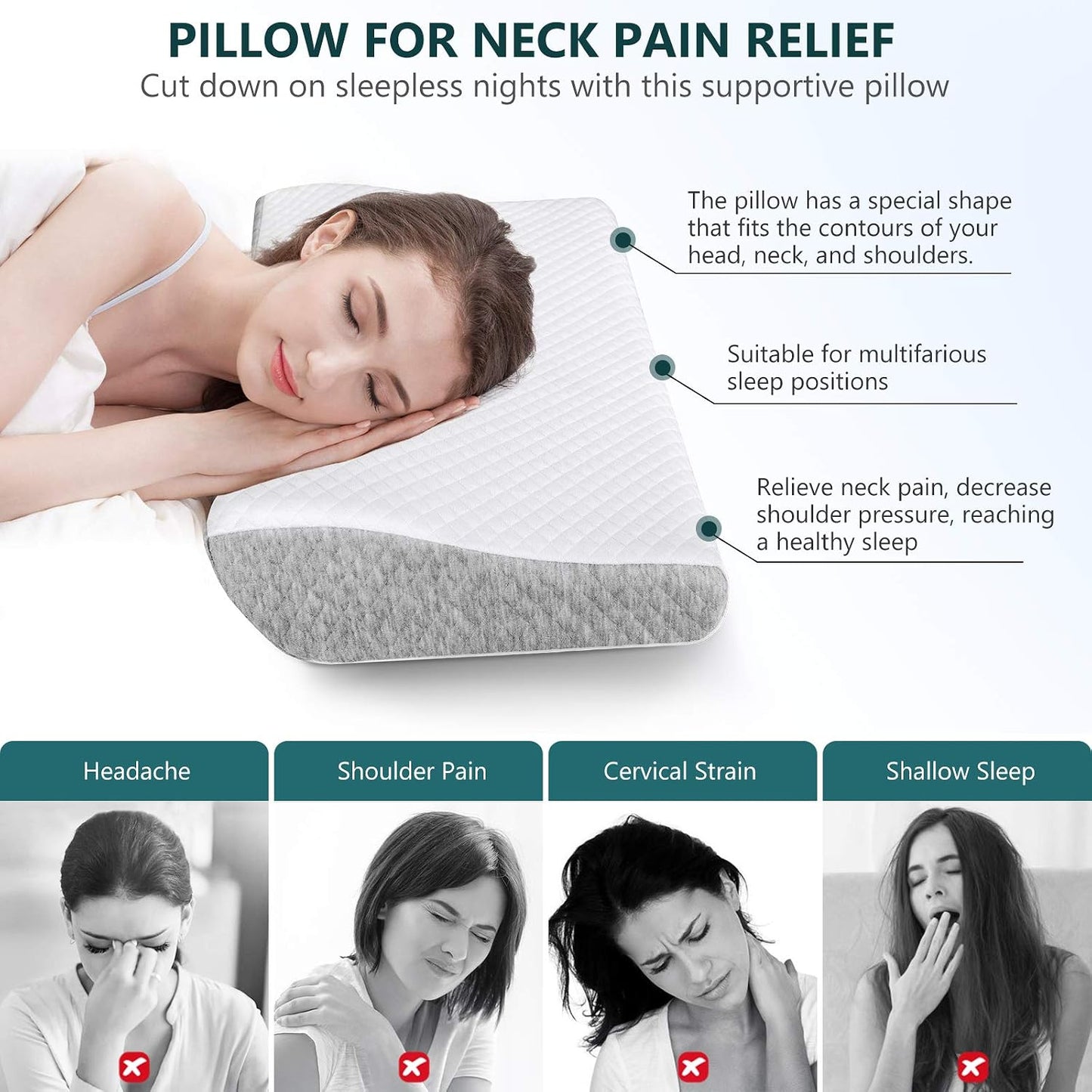 Memory Foam Pillow for Neck Pain Relief, Adjustable Orthopedic Ergonomic Cervical Pillow for Sleeping with Washable Cover, Bed Pillows for Side, Back, Stomach Sleepers