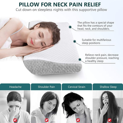 Memory Foam Pillow for Neck Pain Relief, Adjustable Orthopedic Ergonomic Cervical Pillow for Sleeping with Washable Cover, Bed Pillows for Side, Back, Stomach Sleepers