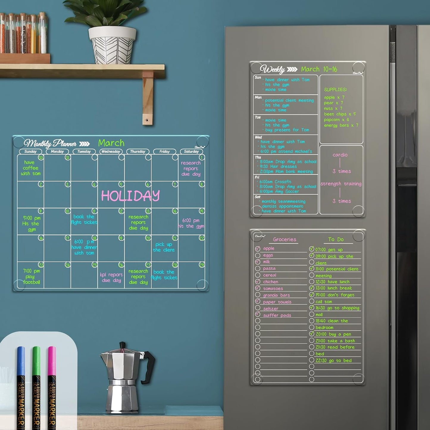Clear Non-Magnetic Calendar Set for Fridge - Dry Erase Transparent Monthly and Weekly Calendar, List and Blank Whiteboard - Sticks to Wall, Glass, Door, Any Smooth Surfaces