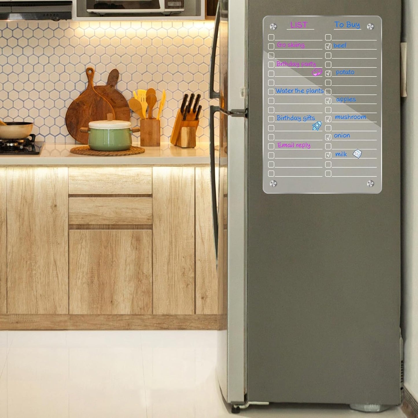 JonXon 8"x12" Acrylic Magnetic Dry Erase Board for Fridge, Clear Acrylic Magnet Calendar for Refrigerator,Includes 6 Dry Erase Markers(Clear Blank)