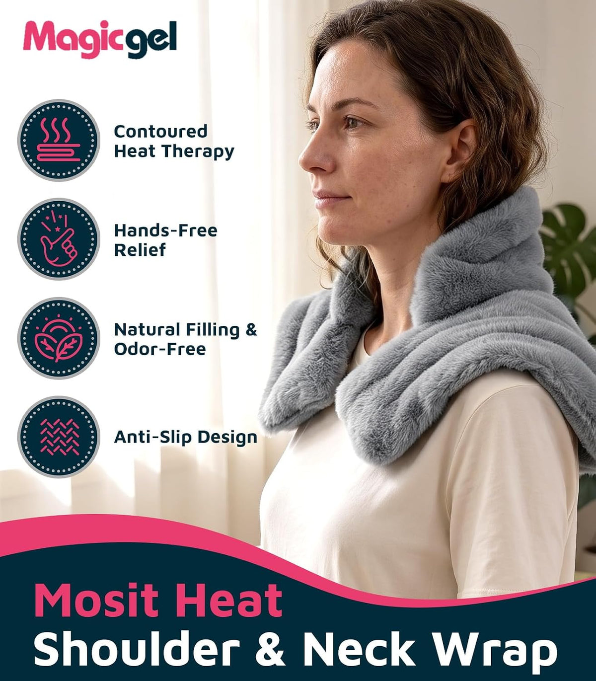 Magic Gel Neck Shoulder Heating Pad Microwavable for Pain Relief and Relaxation, Weighted Heated Neck Wrap Warmer with Moist Heat, Reusable Hot Compress, Soft Plush Microwave Heating Pad