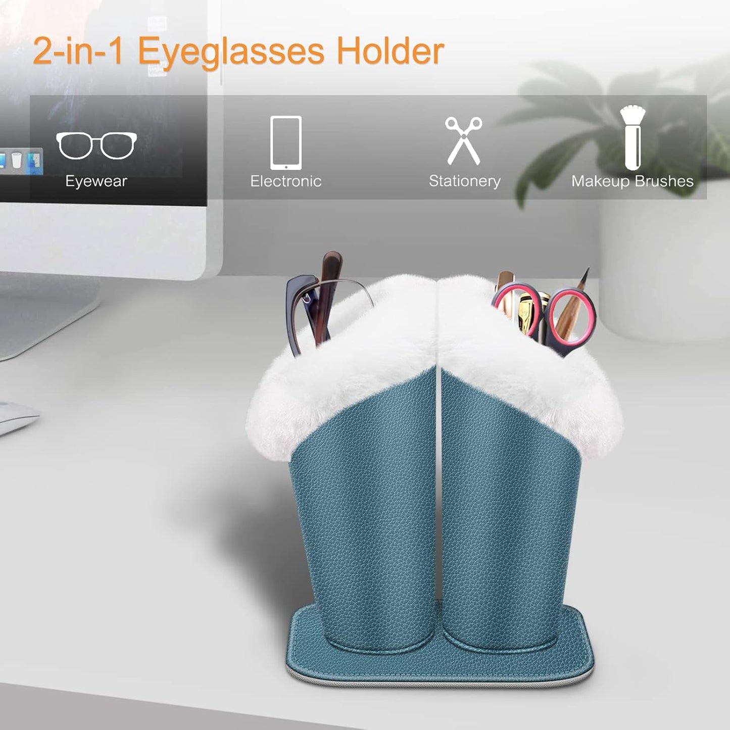 FINTIE Plush Lined Double Eyeglasses Holder with Magnetic Base for Desk | Soft Plush Lining, Glasses Stand Case For Nightstand / Bedside, Office Desktop Organizer, Small Item Storage