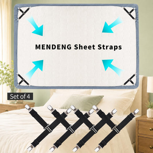 MENDENG Sheet Straps Fitted Sheet Clips Holder Surspeners Keep Sheets in Place Bed Sheet Fasteners Gripper Black 4P