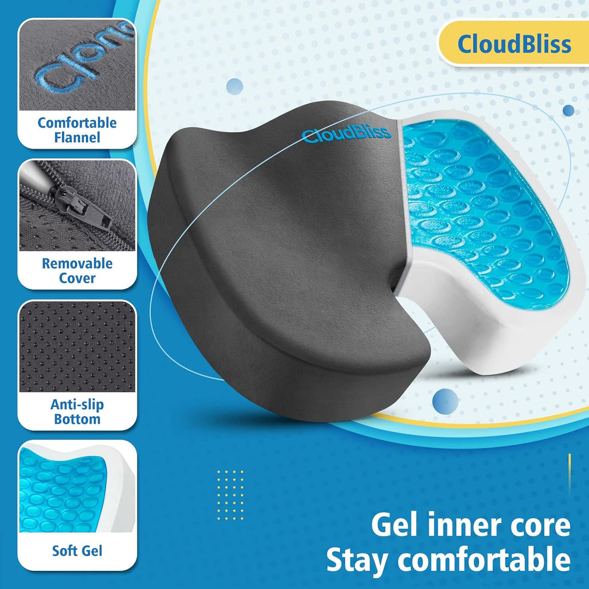 CloudBliss Gel Memory Foam Seat Cushion for Long Sitting, Large, Black