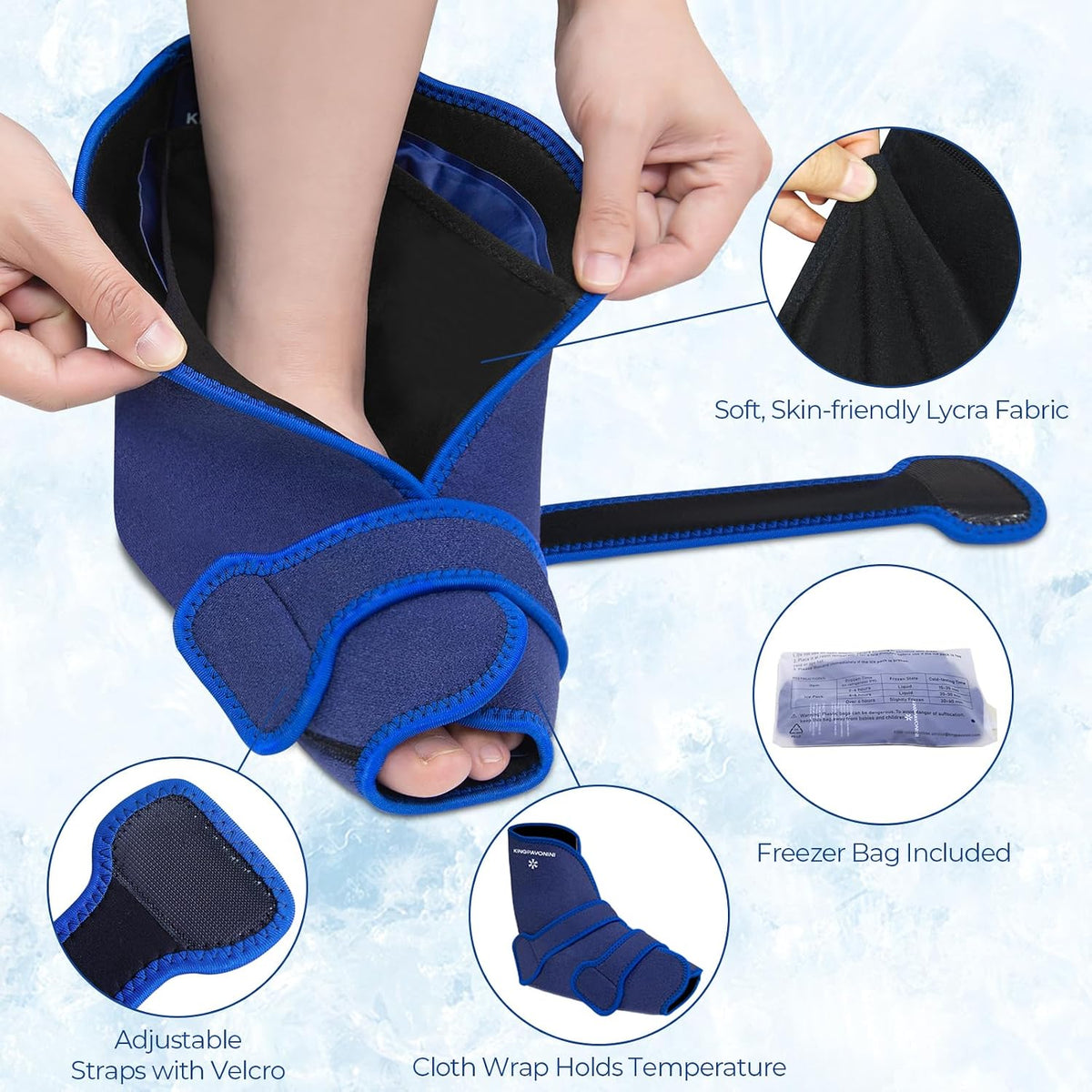 KingPavonini Ankle Foot Ice Pack Wrap, XL, Blue, 1 Wrap + 4 Gel Packs