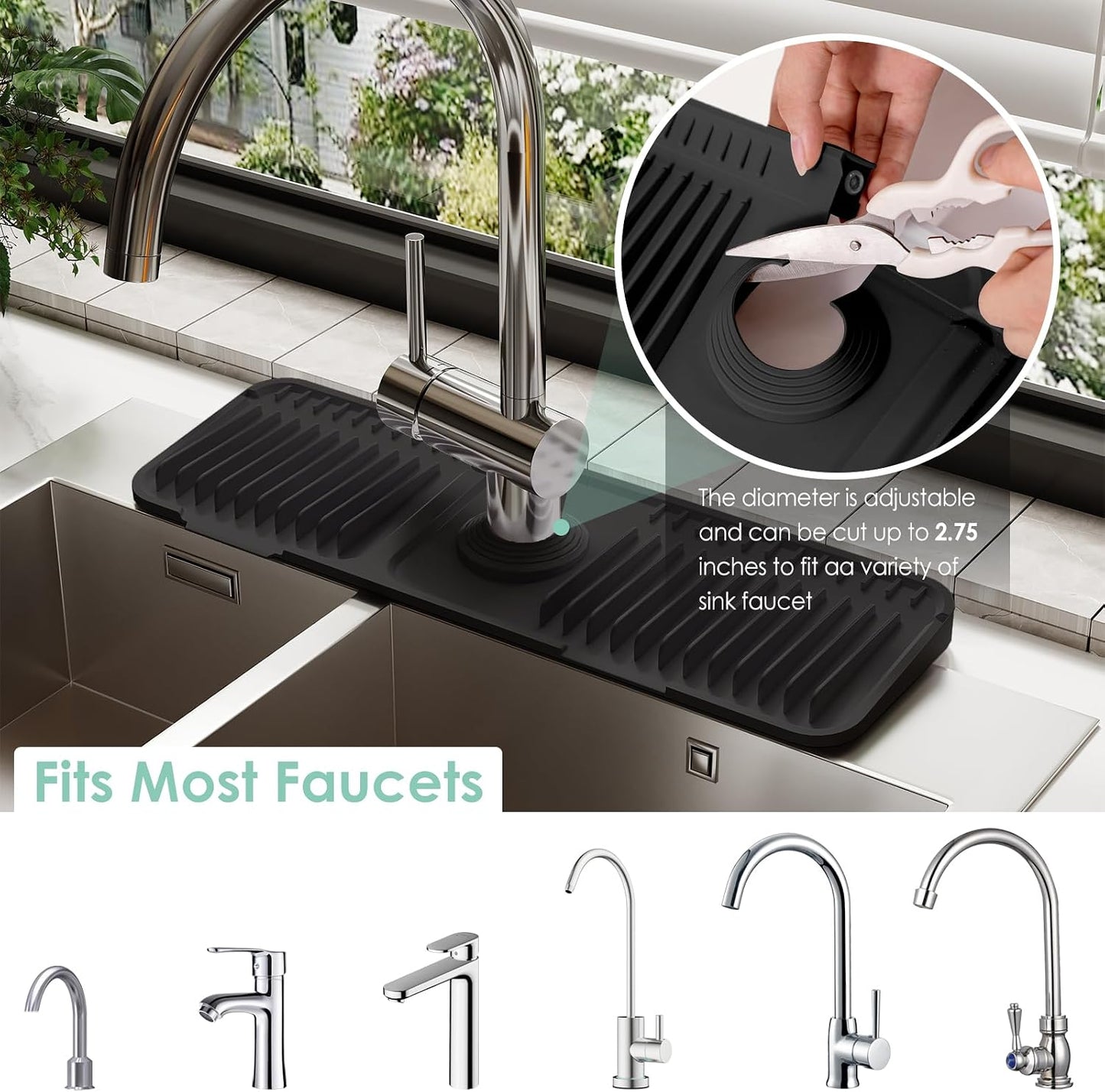 24-Inch Silicone Faucet Mat for Kitchen Sink Splash Guard, 7° Slope | 24"x5.5" water draining mat with fasten button; 1.6-2.75" customizable hole for bathroom, RV & kitchen sink drip catcher.