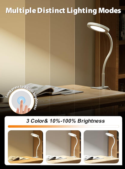 White Clip On Reading Light, 450LM Book Light, CRI95, 3 Modes Stepless Dim | CRI95 eye-caring LED provides natural lighting for reading, studying, and bedside use with adjustable brightness and modes