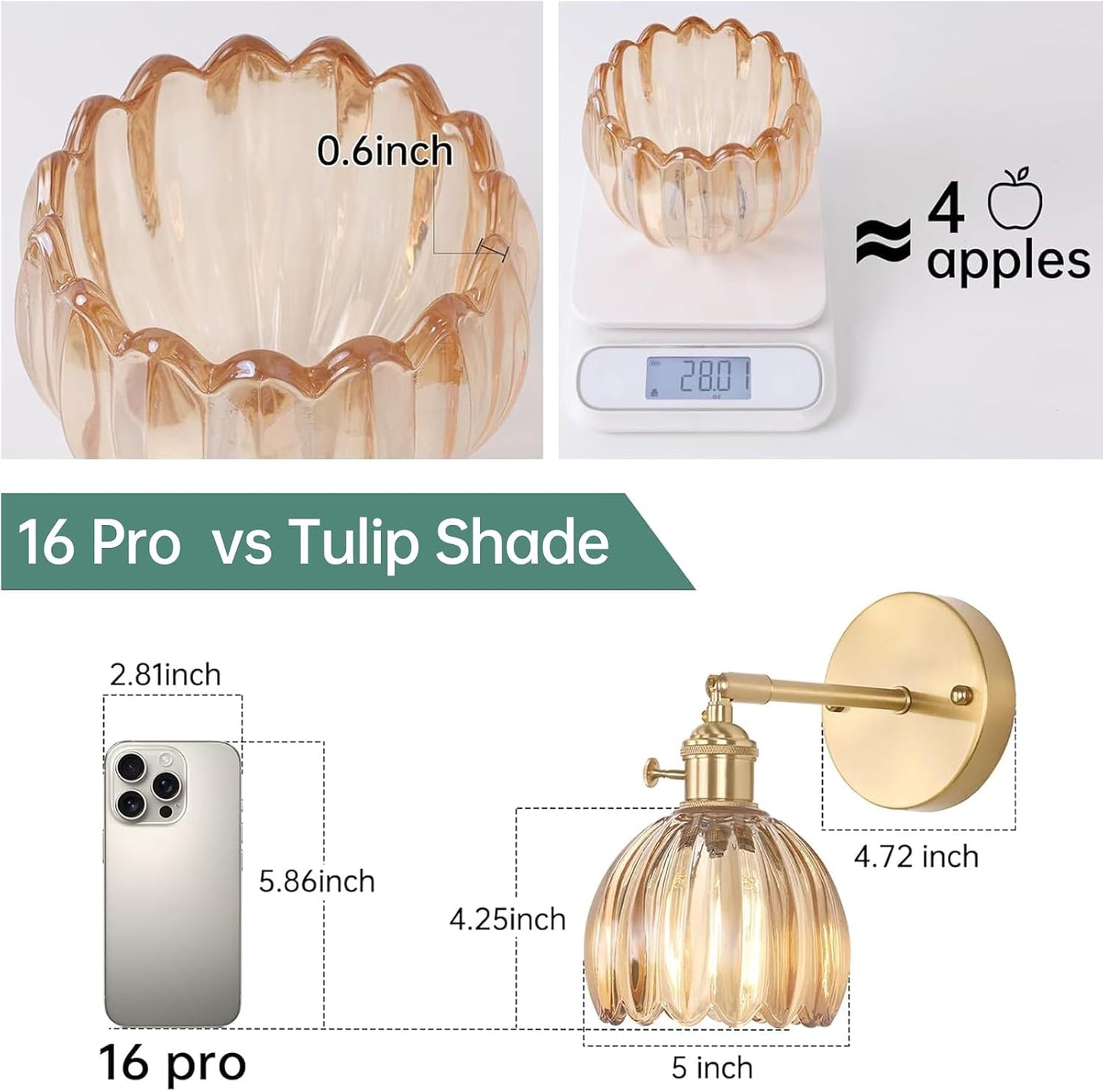 Shenmoyl Vintage Battery Operated Wall Sconce with Green Tulip Glass Lampshade Rechargeable Battery Powered Wall Light with Remote Control for Bedside Bedroom Doorway