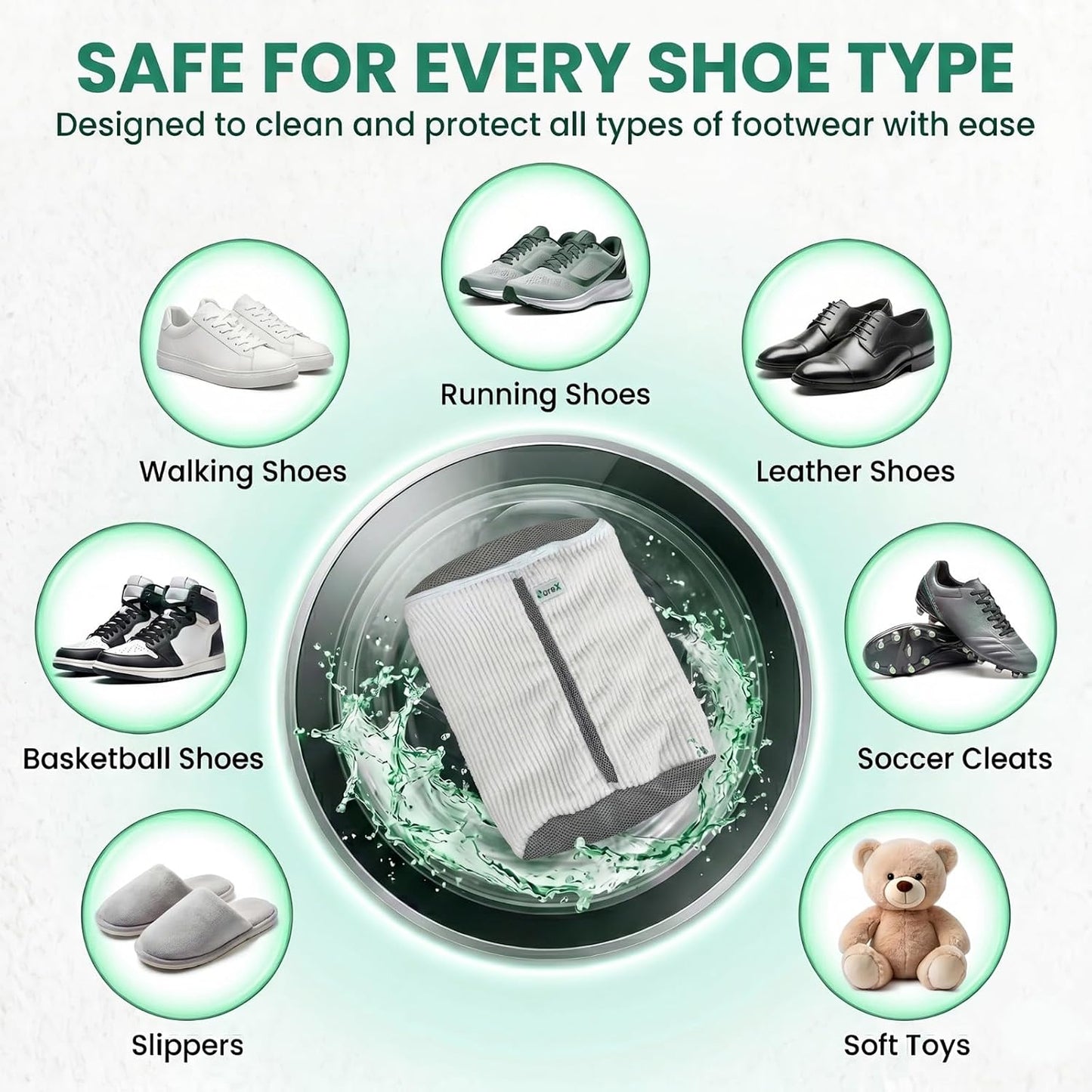 Shoe Washing Machine Bag with Zippered Pocket | Durable Mesh Sneaker Laundry Bag with 2 Laundry Balls & Shoe Washing Brush, Heavy Duty Zipper, No Color Transfer (White)