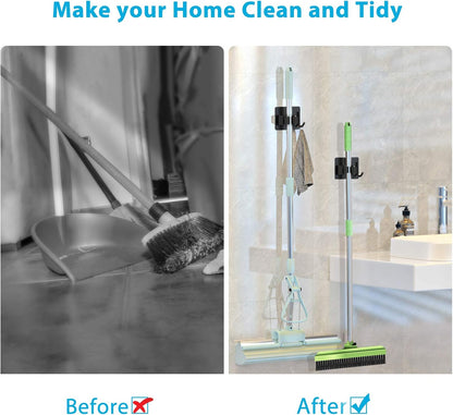 homeasy Broom Holder Wall Mount 4Pcs, Self Adhesive Mop Broom Hanger Black | Self adhesive stainless steel broom organizer with 4 hooks, holds mops, brooms and garden tools without drilling