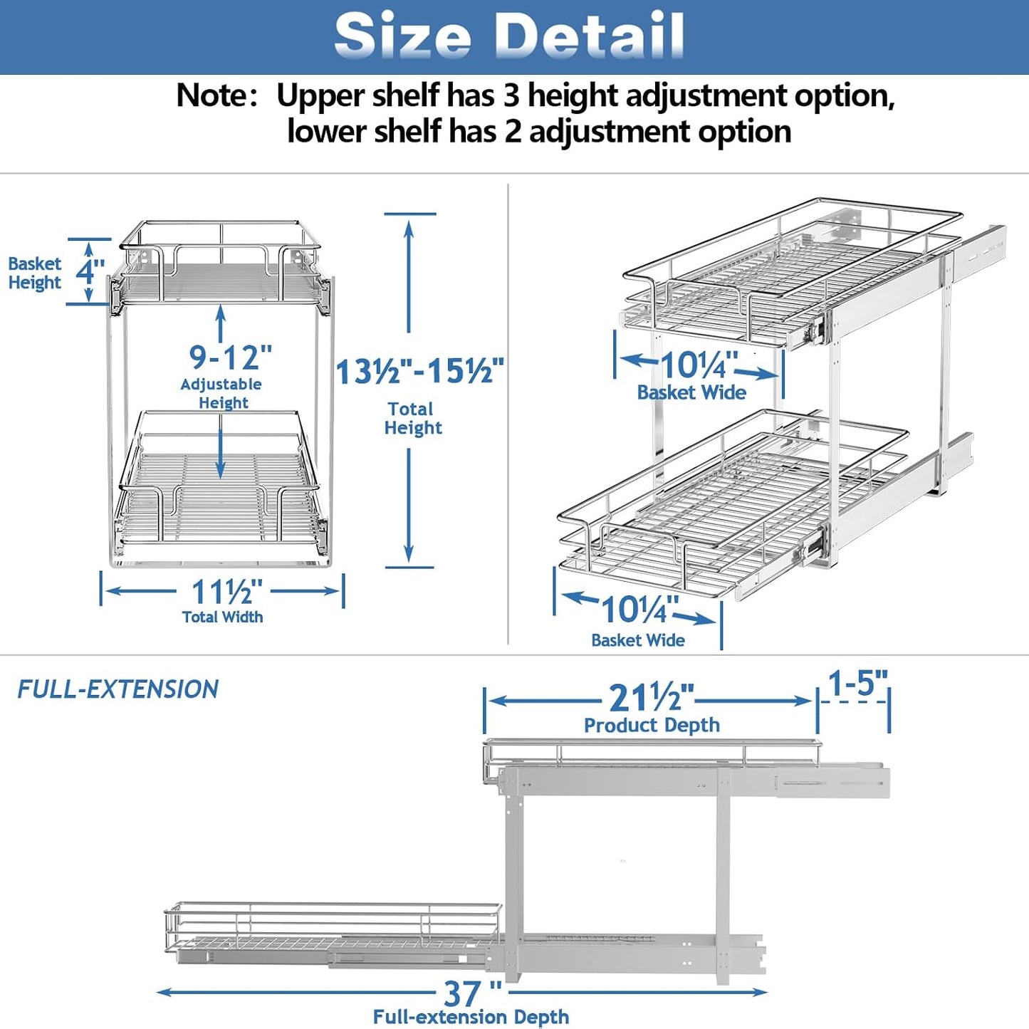 ROOMTEC Pull Out Cabinet Organizer, Pull Out Shelves 5½" W x 21½" D, Heavy Duty Cabinet Drawers Slide Out Kitchen Organizers Storage Shelf