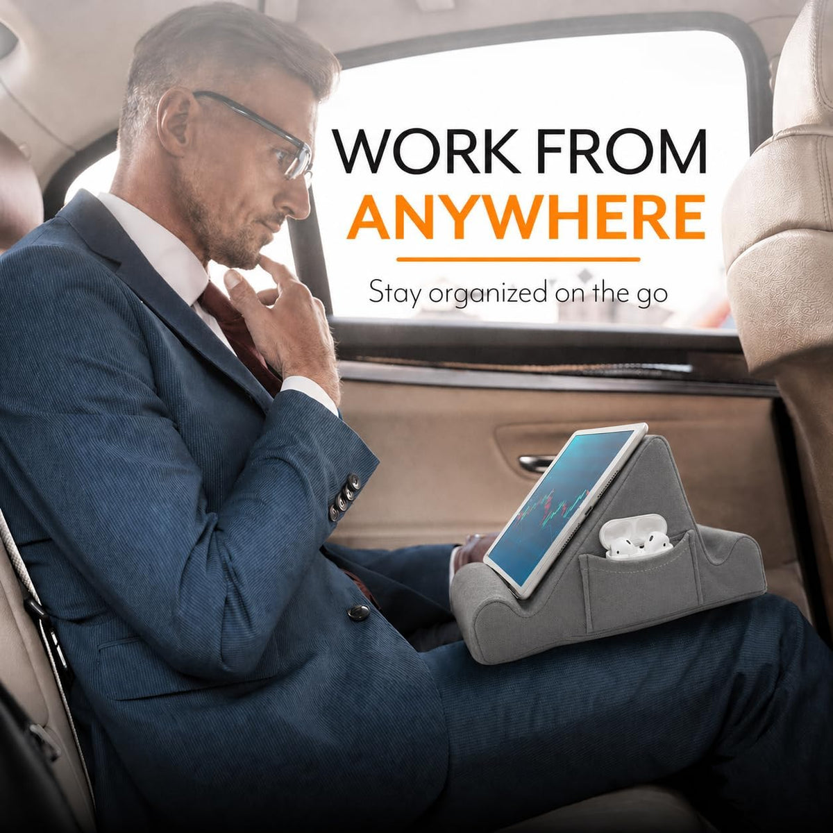 Brookstone Tablet Lap Cushion - Tablet/Phone/Ebook Holder for Bed, Flights, and Travel, Memory Foam Lap Desk for Reading and Hands Free Viewing, Compatible iPad and Kindle Accessories, Grey