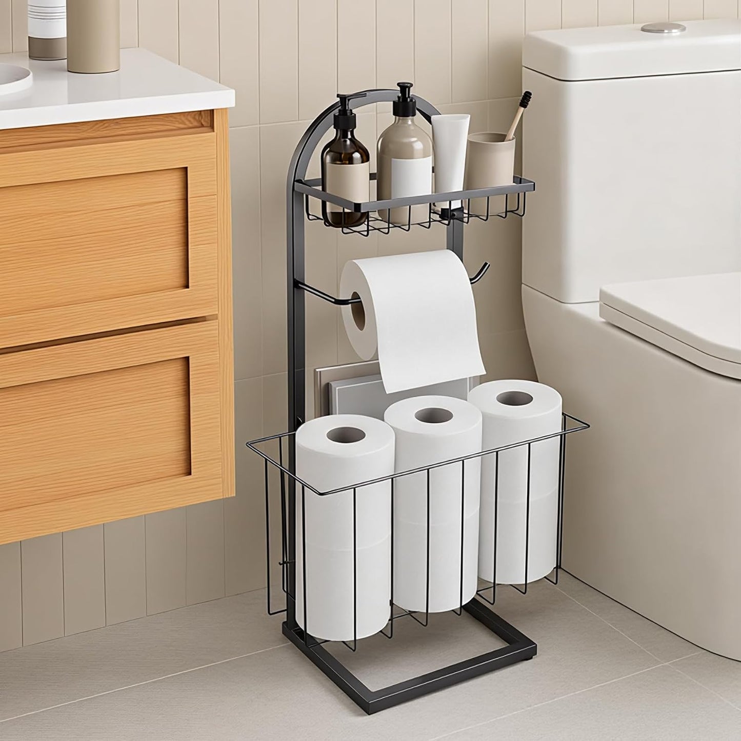 Toilet Paper Holder Stand Freestanding with Storage Basket for Bathroom | Freestanding Toilet Paper Stand for Bathroom,Heavy Duty Tissue Roll Holder Rack with Top Shelf for Organizer,black
