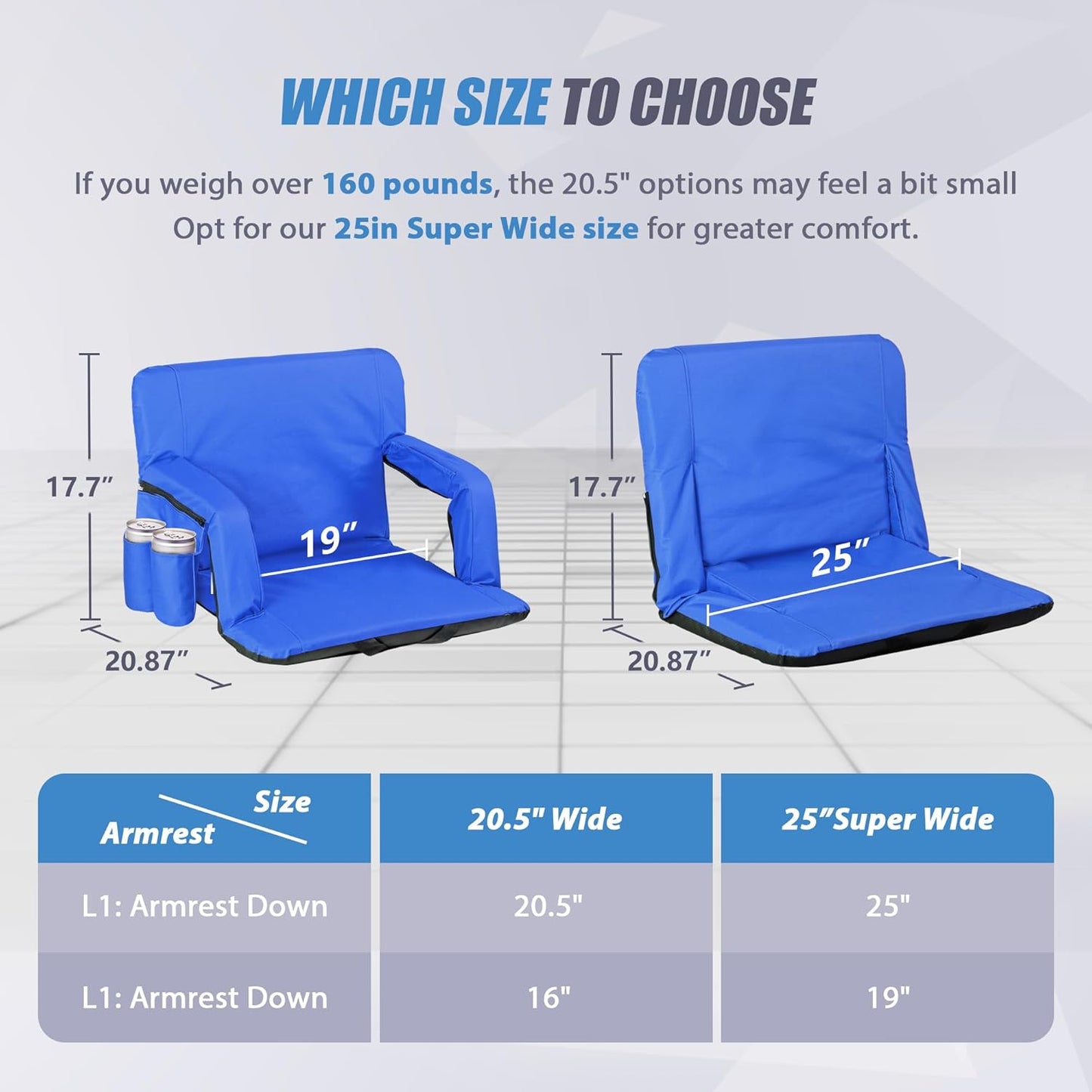 20.5"/25" Wide Stadium Seat for Bleachers w/Back Support Padded Cushion Portable Reclining Bleacher Seats Camping Stadium Chair Waterproof