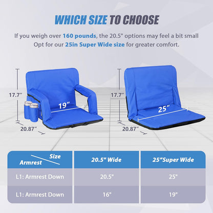 20.5"/25" Wide Stadium Seat for Bleachers w/Back Support Padded Cushion Portable Reclining Bleacher Seats Camping Stadium Chair Waterproof