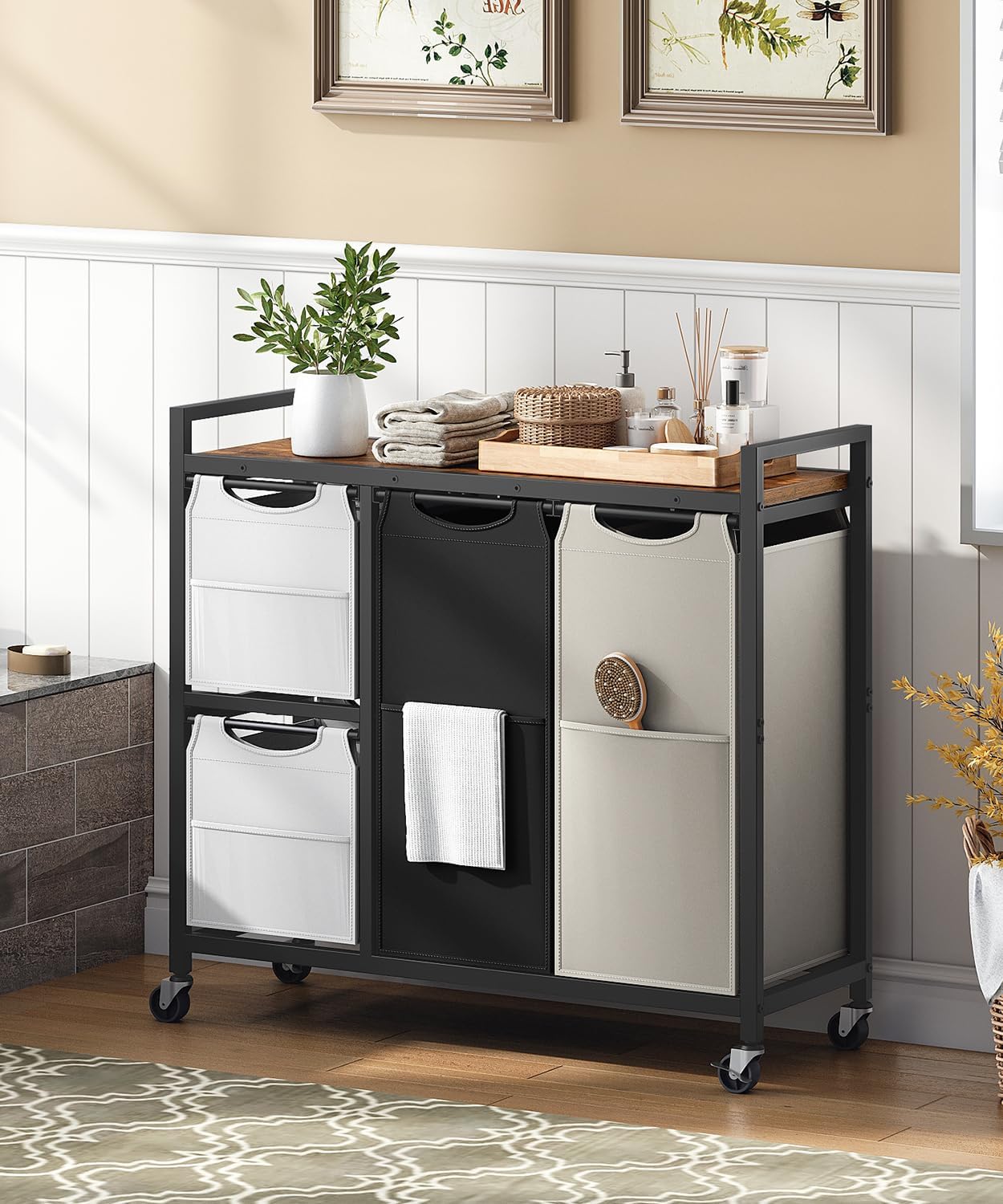 HOOBRO Laundry Sorter with 4 Section, 39 Gal. (147 L) Laundry Hamper with Wheels, Rolling Laundry Basket with Shelf, Pull-Out Detachable Bags, Side Pockets, Rustic Brown, Black and Beige BFE14XY01N1