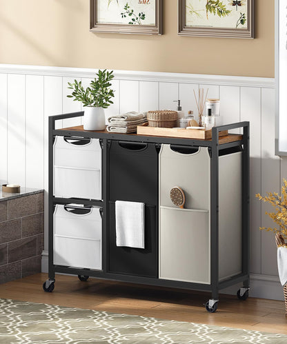HOOBRO Laundry Sorter with 4 Section, 39 Gal. (147 L) Laundry Hamper with Wheels, Rolling Laundry Basket with Shelf, Pull-Out Detachable Bags, Side Pockets, Rustic Brown, Black and Beige BFE14XY01N1