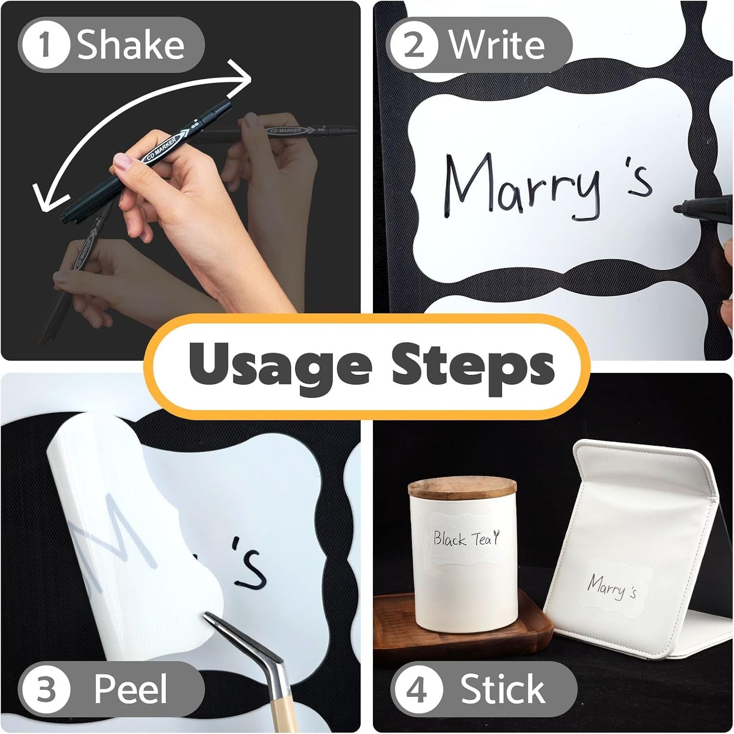 JIEHENG 180Pcs Labels for Jars,Black Wavy Stickers with 1 Chalk Markers | Black,Shape of Wavy,Reusable,Removable Labels for Storage Bins
