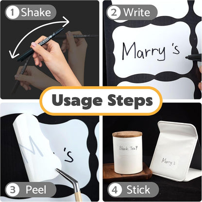 JIEHENG 180Pcs Labels for Jars,Black Wavy Stickers with 1 Chalk Markers | Black,Shape of Wavy,Reusable,Removable Labels for Storage Bins