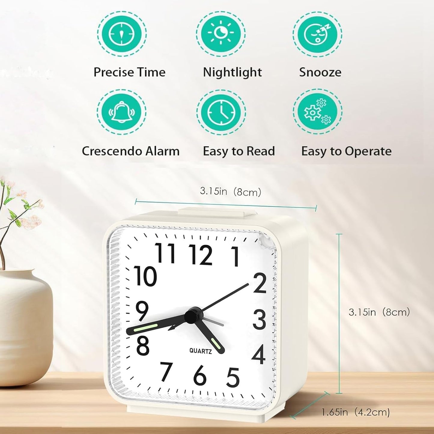 ORIA Analog Alarm Clock, Battery Operated Analog Travel Clock, Small Bedside Clock with Night Light, Snooze, Gradual Rise Alarm, for Bedroom, Office, Travel