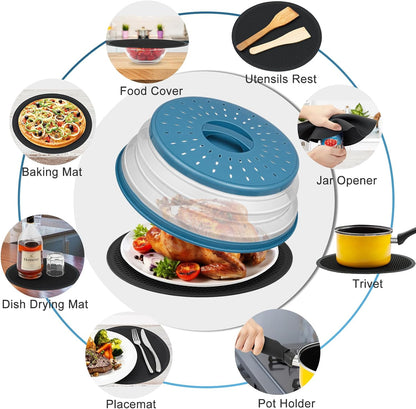 Large Microwave Splatter Cover & Silicone Mat,12 Inchs Vented Collapsible Guard dish Plate lid & Round Kitchen mat for food