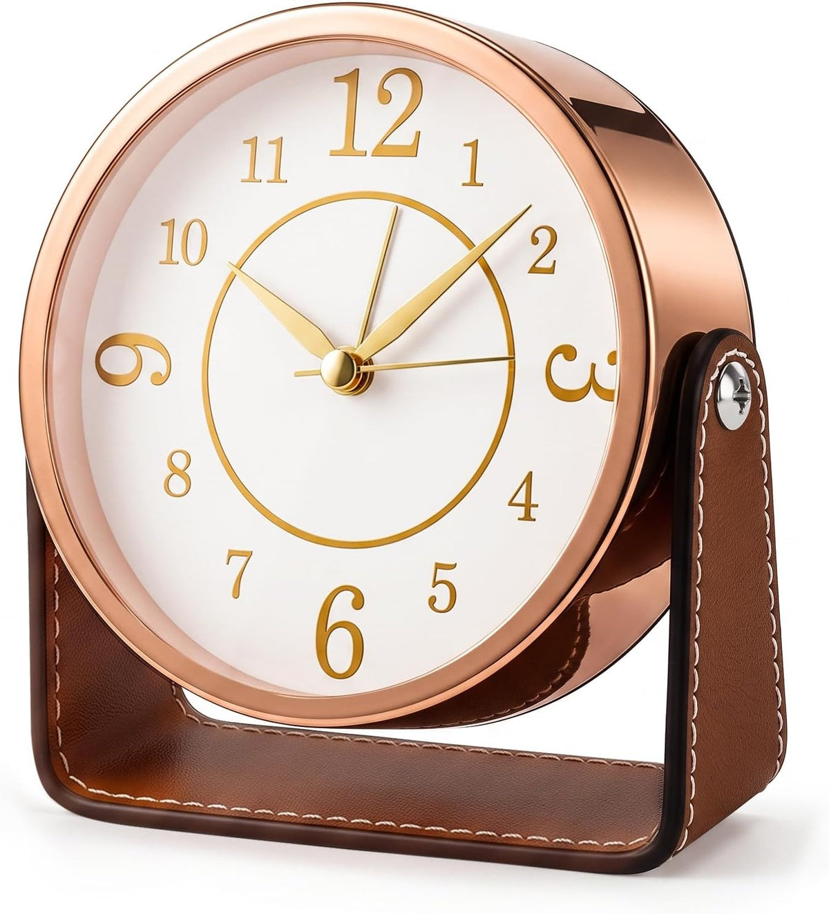 Analog Alarm Clock - 4.5" Silent Non Ticking Small Clock with Light, Rotatable Stand Metal Desk Clock Battery Operated, Simple Design for Living Room Decor/ Bedroom/Bedside/Shelf (Black & White)