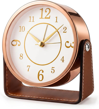 Analog Alarm Clock - 4.5" Silent Non Ticking Small Clock with Light, Rotatable Stand Metal Desk Clock Battery Operated, Simple Design for Living Room Decor/ Bedroom/Bedside/Shelf (Black & White)