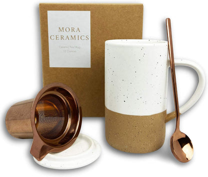 Mora Ceramics Tea Cup with Loose Leaf Infuser, Spoon and Lid, 12 oz, Microwave and Dishwasher Safe Coffee Mug - Rustic Matte Ceramic Glaze, Modern Herbal Tea Strainer - Great Gift for Women, Garnet