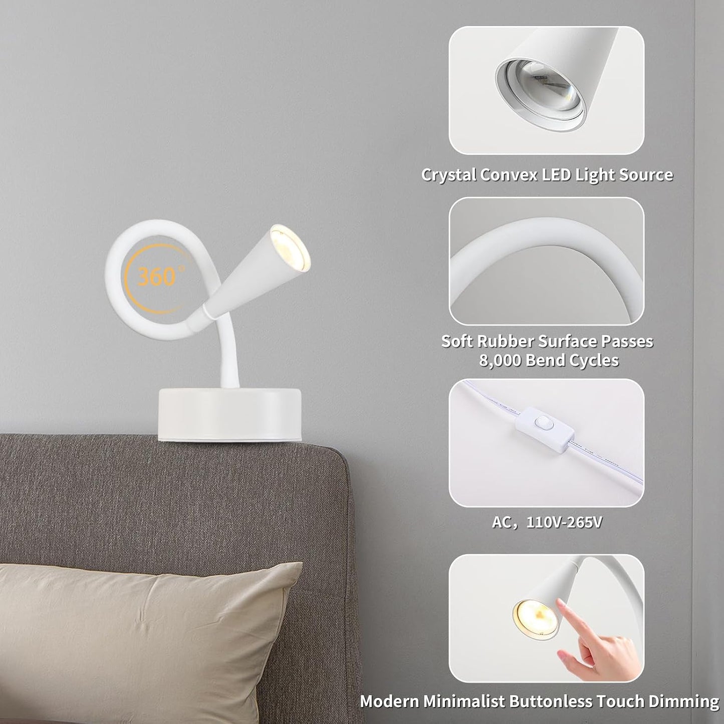 Black Headboard Reading Light, No Drilling Wall Mounted Reading Lights for Bedside, Book Light for Bedtime Reading, Buttonless Dimmable Reading Lamp, Movable Gooseneck Reading Sconces for Bedroom