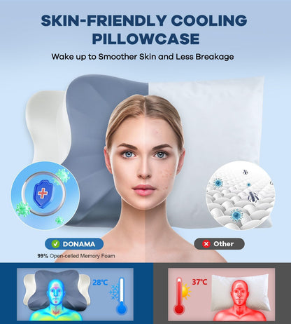 DONAMA Contour Cervical Neck Pillow for Neck Pain Relief | Queen,Ergonomic Dual-Height,Odorless Memory Foam,Side/Back/Stomach Sleepers,Cooling Hypoallergenic Cover,OEKO-TEX Certified