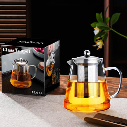 Baalaka Glass Teapot 18.6oz/550ml, Tea Pot with Removable Infusers for Loose Tea, Borosilicate Glass Tea Kettle Tea Maker Stovetop for Camping, Tea Infuser for Loose Leaf Tea Travel | Borosilicate glass tea kettle with infuser; steel strainer for loose