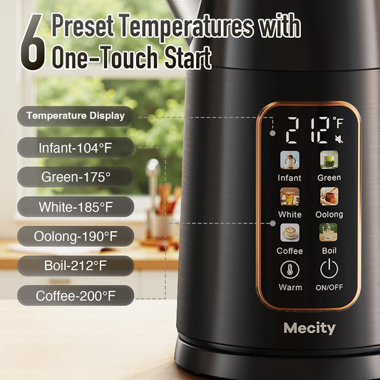 Mecity Electric Kettle 1.7L Touch Screen Temperature Control Water Boiler, No Plastic Contact with Water. 6 Preset Temperature Programs, 2 Hours Keep Warm, Auto Shut Off, Dark Grey