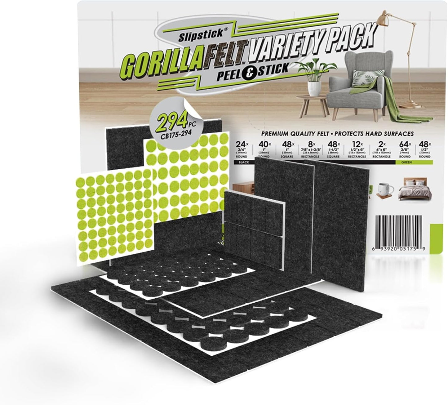 Slipstick Gorilla Felt Furniture Pads (189 Piece Variety Pack) Premium Furniture Pads & Chair Leg Floor Protectors for Hardwood Floors & Hard Surfaces