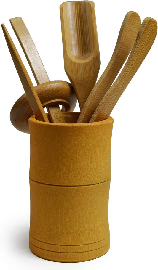 Chadao Tea Ceremony Set, 6-Piece GongFu Tea Bamboo Tools Spoon, Tin Needle Funnel (Square canister)