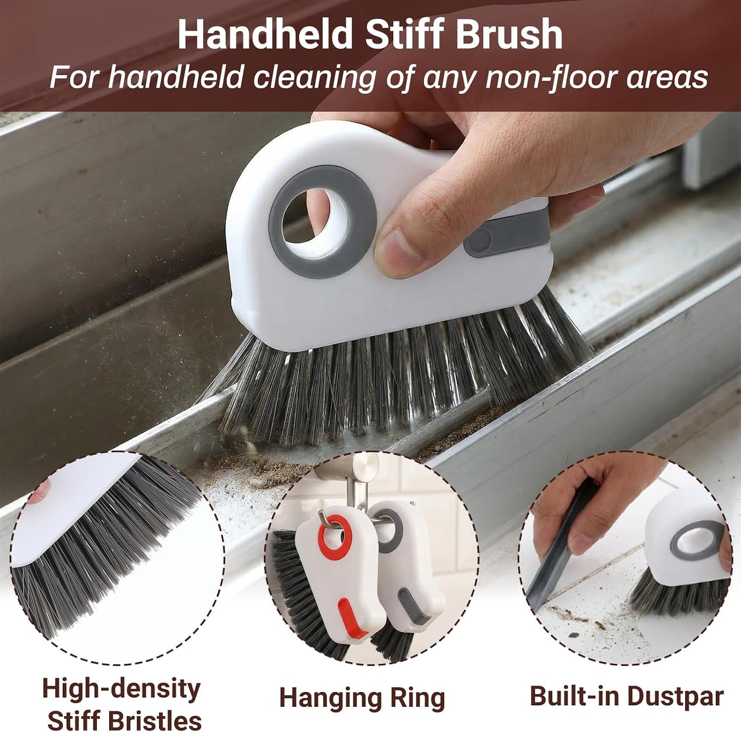 Qianyu 2 PCS Groove Cleaning Brush 2 in 1 Window Track Cleaning Tool Crevice Cleanings Brush Multifunction Hard Bristle with Hidden Scraper Grout Cleaner Grip Brushes for Slid Door Track Window Sill