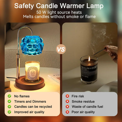 Candle Warmer Lamp with Timer Adjustable - Height Candle Warmer, Dimmer, Black Glass Wax Melting Lamps for Home Decor, for Candles in Jars with 2 Bulbs