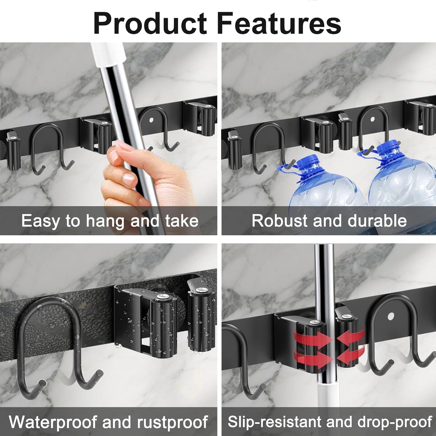 Mop Broom Holder Wall Mount, Gold Stainless Steel Tool Storage Organizer for Kitchen Garden Garage Laundry Room Bathroom and RV with 4 Slots 6 Hooks